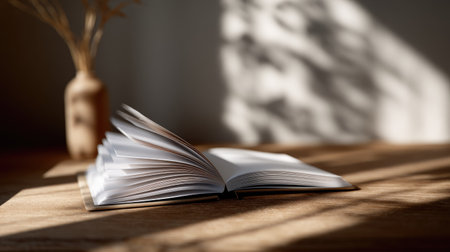 A notebook with white pages open, placed on a wooden desk, with soft lighting casting shadows on the pagesの素材