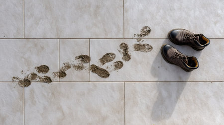 A set of muddy shoe prints across a light-colored tile floor, suggesting movement or a rainy day entranceの素材