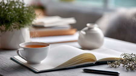 A neatly arranged open notebook with white pages, a cup of tea, and a comfortable workspace in the backgroundの素材
