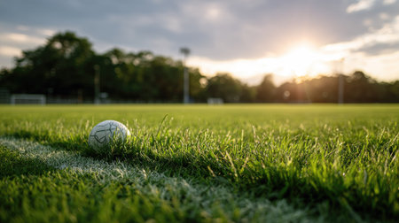 A soccer ball on the grass near the penalty spot of a pristine soccer field, ready for playの素材