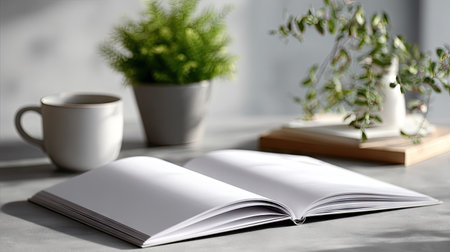 A simple open notebook with white blank pages lying on a smooth desk surface, perfect for a creative sessionの素材