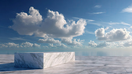 A quiet, empty marble platform beneath a beautiful cloud-filled sky, evoking a sense of peace and spaceの素材