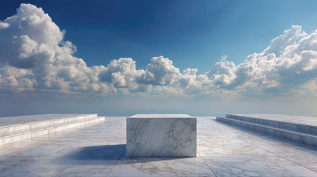 A quiet, empty marble platform beneath a beautiful cloud-filled sky, evoking a sense of peace and spaceの素材