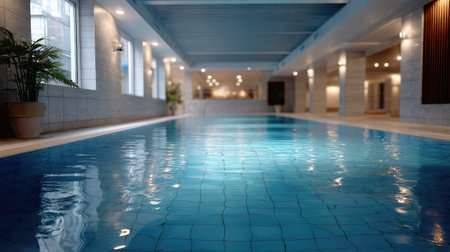 A pristine indoor swimming pool with sleek, shiny tiles, perfect for fitness or relaxation, with no one in sightの素材