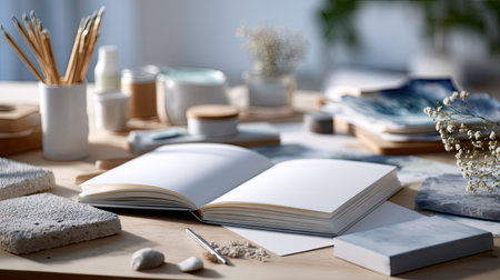 A workspace featuring an open notebook with white pages, untouched and ready for writing, surrounded by stationery itemsの素材