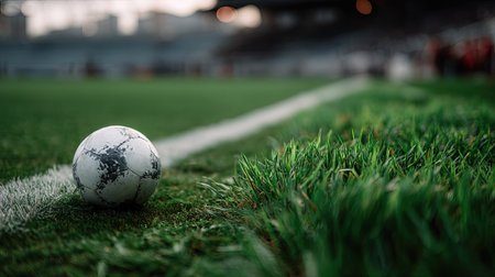 A soccer ball resting on the field near the penalty box, the grass vibrant and well-kept, no people presentの素材