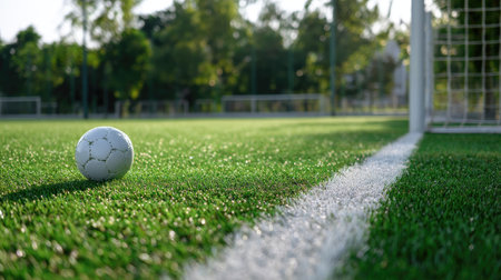 A soccer ball near the goalpost of an empty soccer field, vibrant green turf and bright white boundary linesの素材