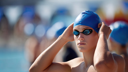 A young male swimmer wearing a cap and goggles, adjusting his gear and stretching before a swim raceの素材