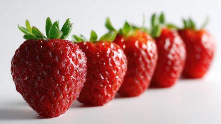 A row of freshly washed strawberries with vibrant red color, isolated on clean white for a simple, fresh lookの素材