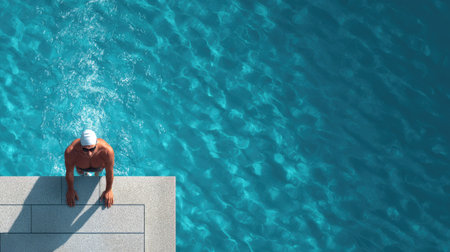 A swimmer with goggles and cap on the starting block, waiting for the signal to dive into the poolの素材
