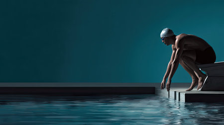 A swimmer with goggles and cap on the starting block, waiting for the signal to dive into the poolの素材