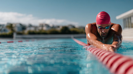 A swimmer wearing a cap and goggles, stretching on the poolside, preparing for an intense workoutの素材