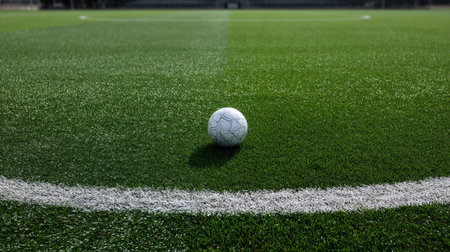 A soccer ball placed neatly at the center circle on an empty field, the lines perfectly marked on the turfの素材