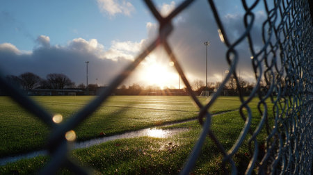 A view of a football pitch through a metal mesh fence, the morning sun shining over the empty field with no playersの素材