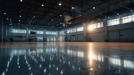 Brightly lit indoor court with reflective floor and lone basketball hoop in the distanceの素材
