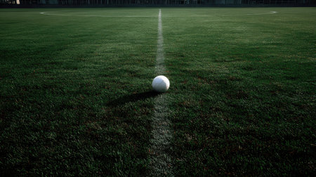 A soccer ball placed neatly at the center circle on an empty field, the lines perfectly marked on the turfの素材