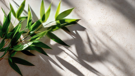 Bamboo with leaves laying diagonally across a light-colored textured surfaceの素材