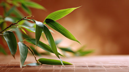 Bamboo segment with fresh leaves leaning across a smooth, warm-toned backgroundの素材