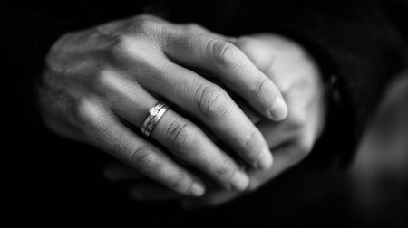 Black and white close-up of hands joined with wedding bands, timeless and emotionalの素材