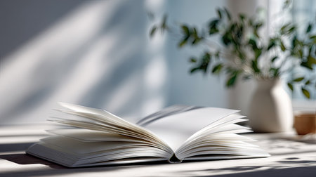 A view of an open notebook on a desk, with bright white pages and soft natural light casting a gentle glowの素材