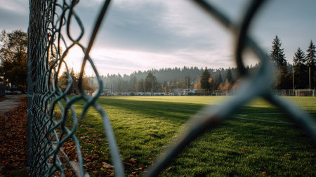 A view through a metal mesh fence onto an empty football field, with vibrant green grass and the goalposts in the distanceの素材
