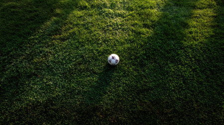 A soccer ball sitting alone at the center of a soccer pitch, with the surrounding grass lush and well-keptの素材