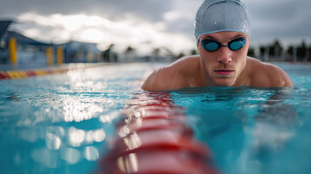 A swimmer with a focused gaze, wearing goggles and cap, set for a quick start at the pool's edgeの素材
