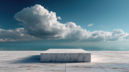 A quiet, empty marble platform beneath a beautiful cloud-filled sky, evoking a sense of peace and spaceの素材