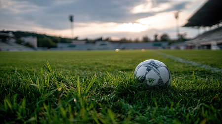 A soccer ball resting on the field near the penalty box, the grass vibrant and well-kept, no people presentの素材