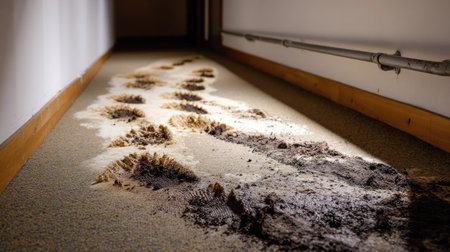 A sequence of muddy prints across a hallway floor, growing lighter with each stepの素材