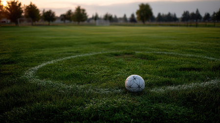 A soccer ball placed near the center circle, surrounded by freshly cut grass, on a peaceful empty fieldの素材