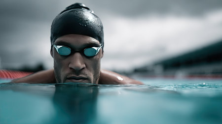 A swimmer with a focused gaze, wearing goggles and cap, set for a quick start at the pool's edgeの素材