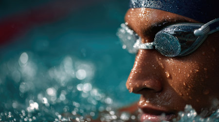 A swimmer with goggles and cap, taking a moment before diving into the pool for training or competitionの素材