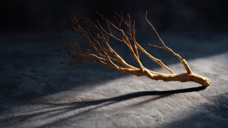 A single dry branch from a dead tree lies on a dark textured background, minimal lighting and sharp shadows for dramatic effectの素材