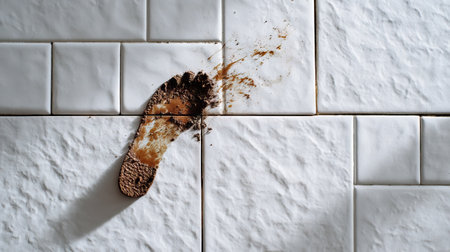 A single muddy footprint on a clean white tile floor, leaving behind a messy trace in an otherwise spotless spaceの素材