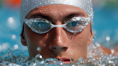 A swimmer with swim cap and goggles, positioned for a start, water droplets on his face from the poolsideの素材