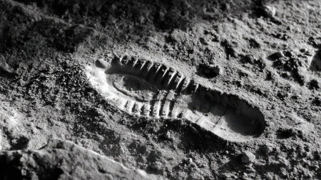 A single boot print in wet mud on a stone floor, showing texture and depth in every ridgeの素材