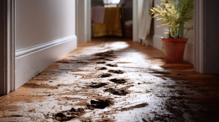 A sequence of muddy prints across a hallway floor, growing lighter with each stepの素材