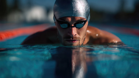 A swimmer with a focused gaze, wearing goggles and cap, set for a quick start at the pool's edgeの素材
