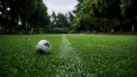 A soccer ball sitting alone at the center of a soccer pitch, with the surrounding grass lush and well-keptの素材