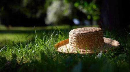 Sunlight shining through a straw-style bucket hat lying on lush grass in a parkの素材
