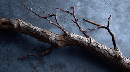 Textured old tree limb resting on dark grunge surface, ideal for nature-themed compositionsの素材