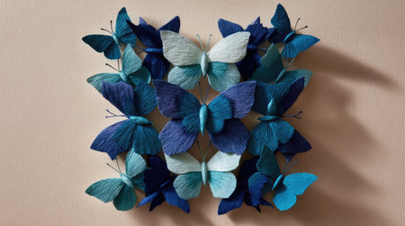 Symmetrical arrangement of paper butterflies in shades of blue and turquoise on a clean beige backdrop, modern and elegantの素材