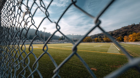 The view of a football field through a chain-link fence, showing the well-kept turf and goalposts, with no activity on the fieldの素材