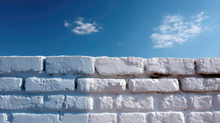 Texture detail of white painted bricks with the smooth gradient of blue sky filling the backgroundの素材