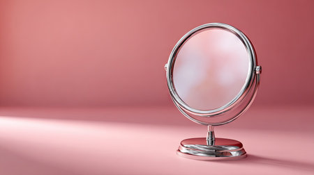 Stylish circular makeup mirror with a chrome finish, isolated against a soft blush-colored background for a chic feelの素材