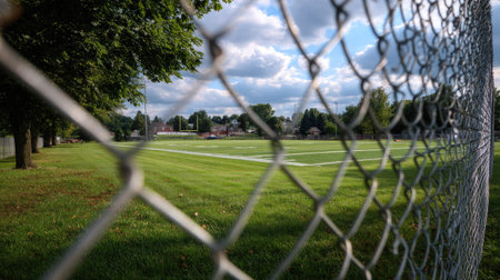 The view of a football field through a chain-link fence, showing the well-kept turf and goalposts, with no activity on the fieldの素材