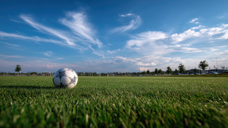 The soccer ball lying in the middle of the field, with clear blue sky overhead and no one in sightの素材