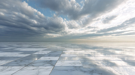 Vast empty marble tiles glistening under soft daylight, with layered clouds stretching across the horizonの素材