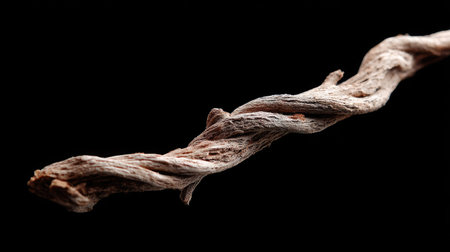 Twisted dried tree branch lit from the side to enhance texture, set against a pure black backgroundの素材